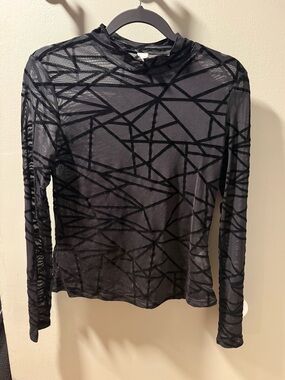 Black mesh top with flocked velvet geometric pattern